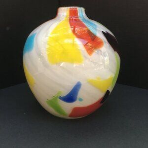 Crate & Barrel Hand Blown Art Encased Glass White Confetti Ziggy Bud Vase Modern